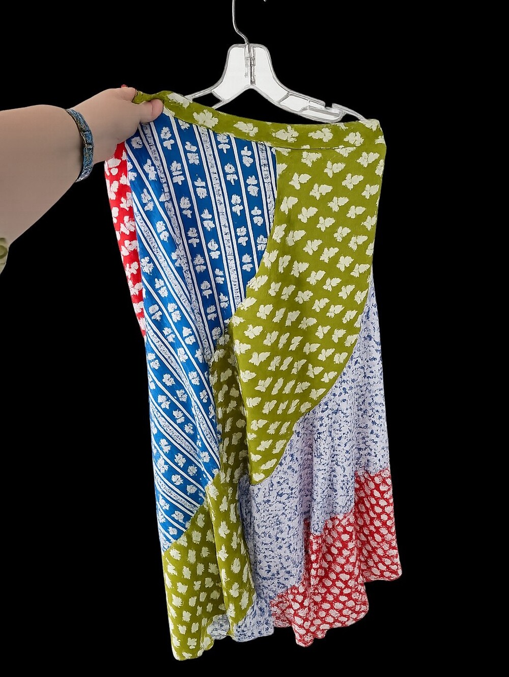 Anandas Collections Patchwork Floral Maxi Skirt in Olive, Blue & Red Size XXL